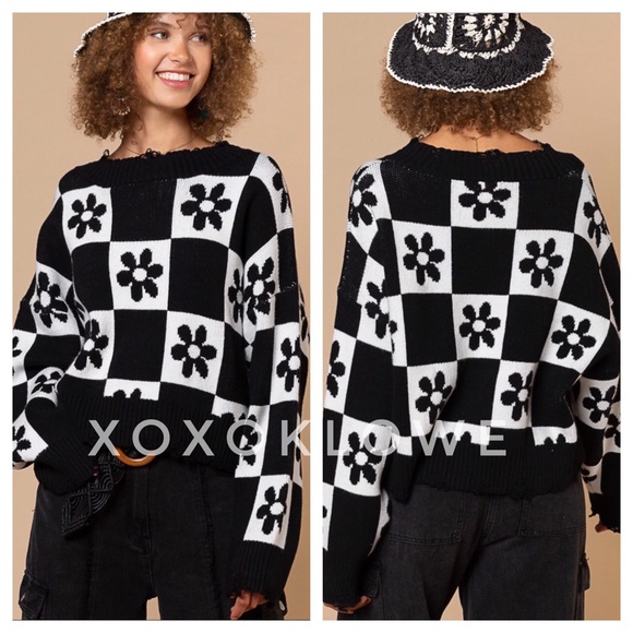 LAST ONE POL Daisy Flower Checkerboard Pattern Sweater Relaxed Fit - Picture 7 of 11
